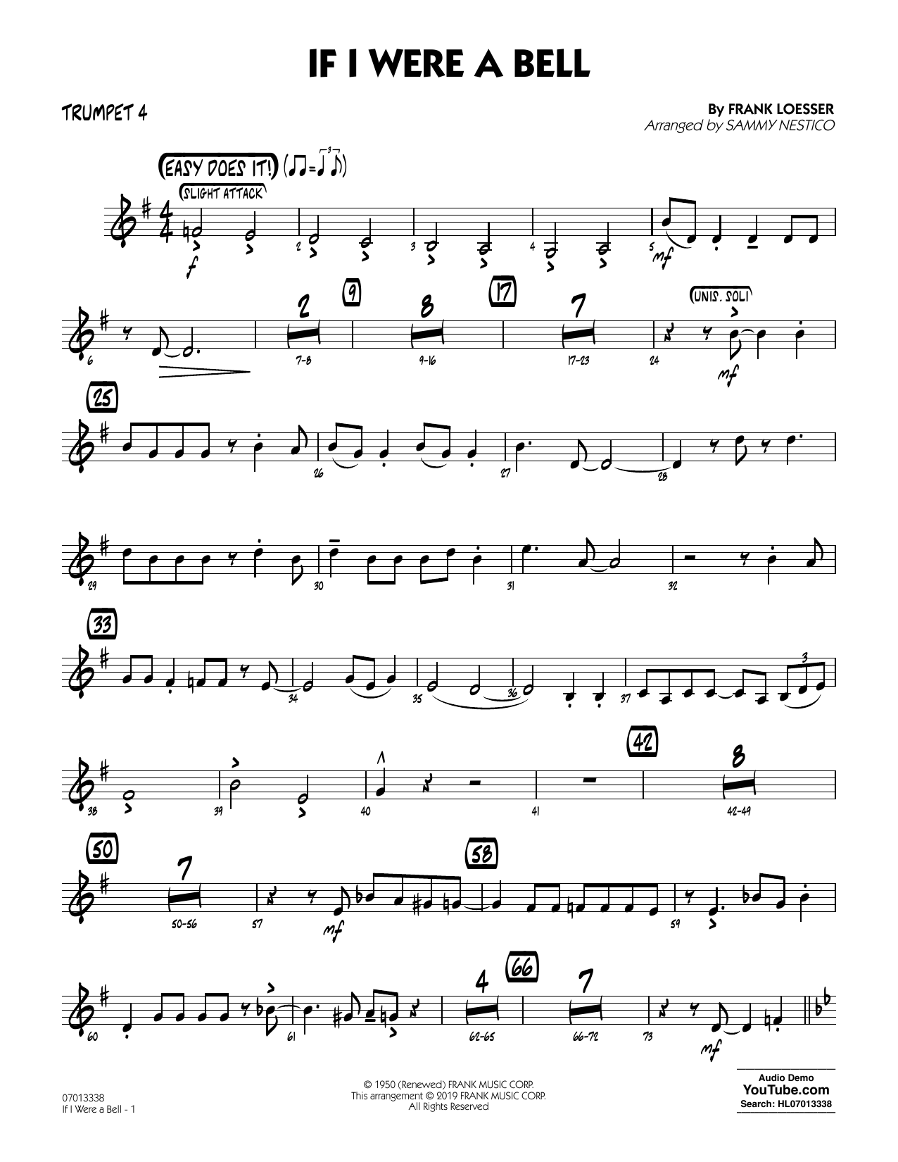 Frank Loesser If I Were a Bell (arr. Sammy Nestico) - Trumpet 4 sheet music preview music notes and score for Jazz Ensemble including 2 page(s)