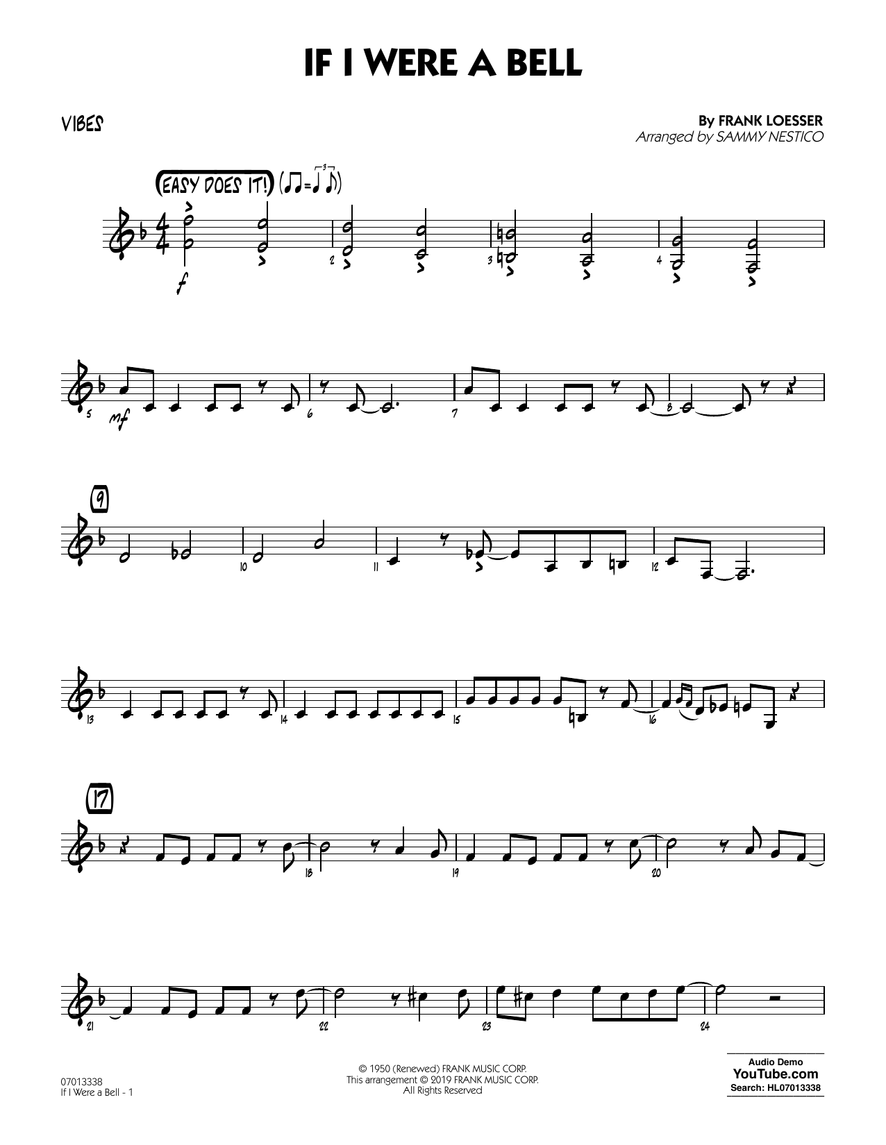 Learn to play Frank Loesser If I Were a Bell (arr. Sammy Nestico) - Vibes sheet music for Jazz Ensemble in minutes. Frank Loesser If I Were a Bell (arr. Sammy Nestico) - Vibes sheet music preview music notes and score for Jazz Ensemble including 2 page(s)