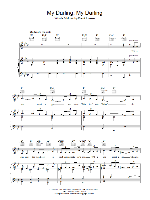 Learn to play Frank Loesser My Darling, My Darling (from Where's Charley?) sheet music for Piano, Vocal & Guitar (Right-Hand Melody) in minutes. Frank Loesser My Darling, My Darling (from Where's Charley?) sheet music preview music notes and score for Piano, Vocal & Guitar (Right-Hand Melody) including 4 page(s)