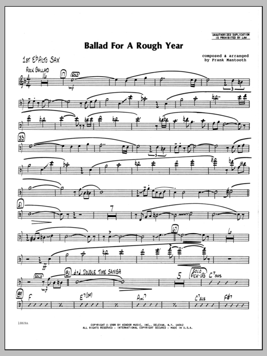 Learn to play Frank Mantooth Ballad For A Rough Year - 1st Eb Alto Saxophone sheet music for Jazz Ensemble in minutes. Frank Mantooth Ballad For A Rough Year - 1st Eb Alto Saxophone sheet music preview music notes and score for Jazz Ensemble including 2 page(s)