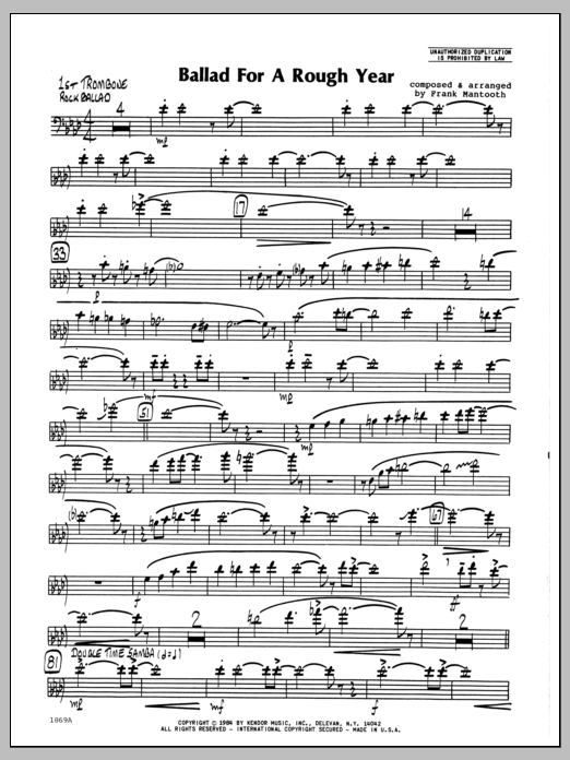 Learn to play Frank Mantooth Ballad For A Rough Year - 1st Trombone sheet music for Jazz Ensemble in minutes. Frank Mantooth Ballad For A Rough Year - 1st Trombone sheet music preview music notes and score for Jazz Ensemble including 2 page(s)