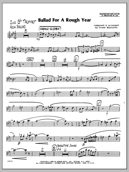 Learn to play Frank Mantooth Ballad For A Rough Year - 2nd Bb Trumpet sheet music for Jazz Ensemble in minutes. Frank Mantooth Ballad For A Rough Year - 2nd Bb Trumpet sheet music preview music notes and score for Jazz Ensemble including 2 page(s)