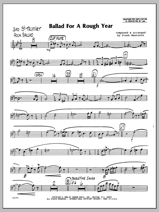 Learn to play Frank Mantooth Ballad For A Rough Year - 3rd Bb Trumpet sheet music for Jazz Ensemble in minutes. Frank Mantooth Ballad For A Rough Year - 3rd Bb Trumpet sheet music preview music notes and score for Jazz Ensemble including 2 page(s)