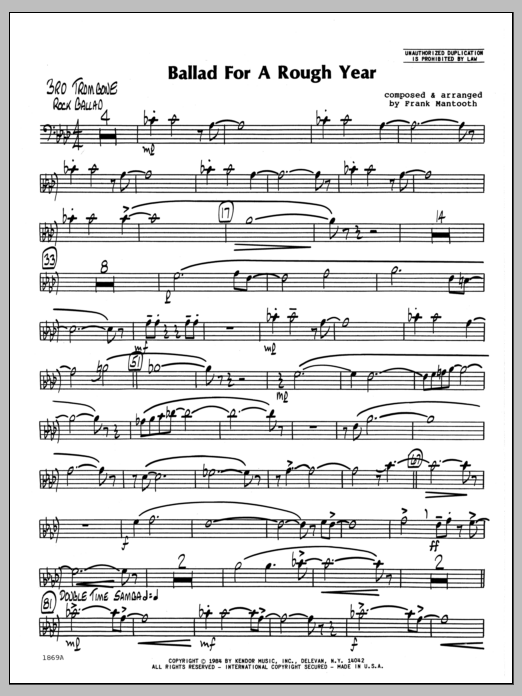 Learn to play Frank Mantooth Ballad For A Rough Year - 3rd Trombone sheet music for Jazz Ensemble in minutes. Frank Mantooth Ballad For A Rough Year - 3rd Trombone sheet music preview music notes and score for Jazz Ensemble including 2 page(s)