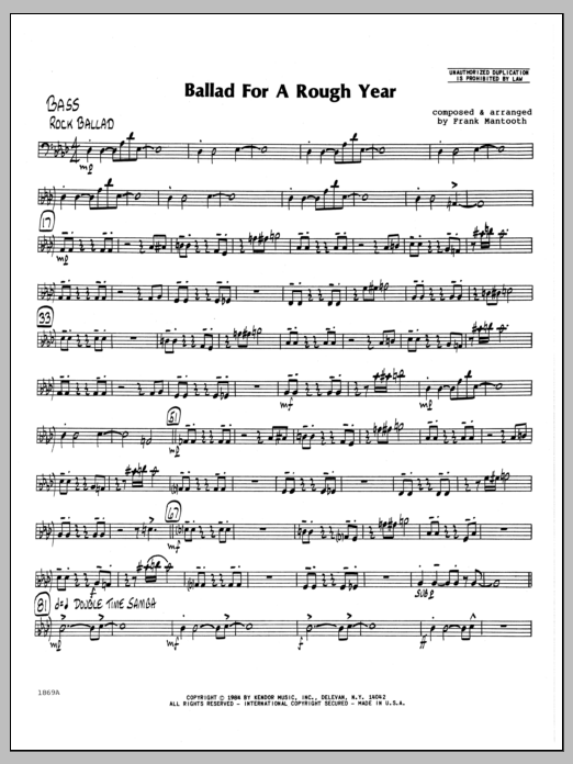 Learn to play Frank Mantooth Ballad For A Rough Year - Bass sheet music for Jazz Ensemble in minutes. Frank Mantooth Ballad For A Rough Year - Bass sheet music preview music notes and score for Jazz Ensemble including 2 page(s)