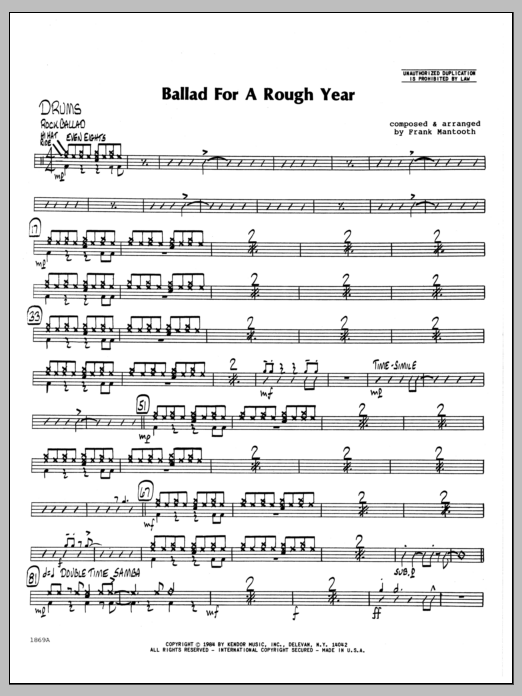 Learn to play Frank Mantooth Ballad For A Rough Year - Drums sheet music for Jazz Ensemble in minutes. Frank Mantooth Ballad For A Rough Year - Drums sheet music preview music notes and score for Jazz Ensemble including 2 page(s)