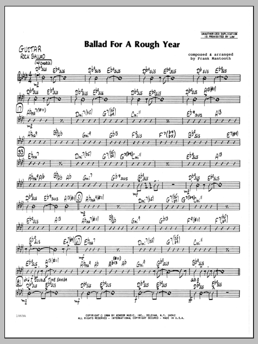 Learn to play Frank Mantooth Ballad For A Rough Year - Guitar sheet music for Jazz Ensemble in minutes. Frank Mantooth Ballad For A Rough Year - Guitar sheet music preview music notes and score for Jazz Ensemble including 2 page(s)