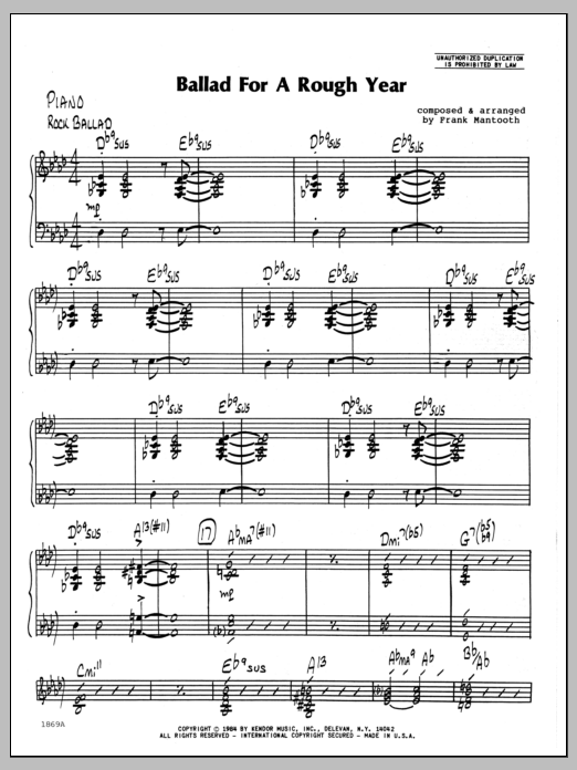Learn to play Frank Mantooth Ballad For A Rough Year - Piano sheet music for Jazz Ensemble in minutes. Frank Mantooth Ballad For A Rough Year - Piano sheet music preview music notes and score for Jazz Ensemble including 4 page(s)