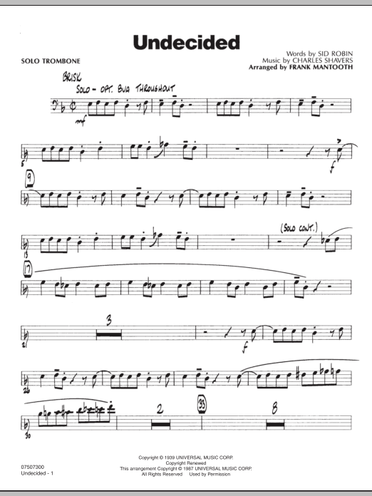 Learn to play Frank Mantooth Undecided - Solo Trombone sheet music for Jazz Ensemble in minutes. Frank Mantooth Undecided - Solo Trombone sheet music preview music notes and score for Jazz Ensemble including 2 page(s)
