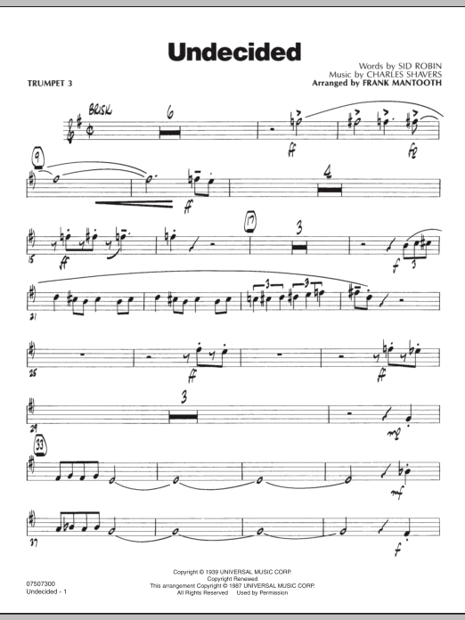 Learn to play Frank Mantooth Undecided - Trumpet 3 sheet music for Jazz Ensemble in minutes. Frank Mantooth Undecided - Trumpet 3 sheet music preview music notes and score for Jazz Ensemble including 3 page(s)