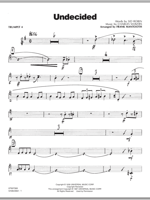 Learn to play Frank Mantooth Undecided - Trumpet 4 sheet music for Jazz Ensemble in minutes. Frank Mantooth Undecided - Trumpet 4 sheet music preview music notes and score for Jazz Ensemble including 3 page(s)