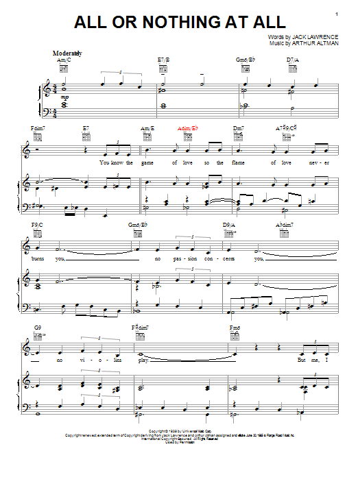 Learn to play Frank Sinatra All Or Nothing At All sheet music for Piano, Vocal & Guitar (Right-Hand Melody) in minutes. Frank Sinatra All Or Nothing At All sheet music preview music notes and score for Piano, Vocal & Guitar (Right-Hand Melody) including 7 page(s)
