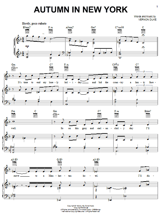 Learn to play Frank Sinatra Autumn In New York sheet music for Piano, Vocal & Guitar (Right-Hand Melody) in minutes. Frank Sinatra Autumn In New York sheet music preview music notes and score for Piano, Vocal & Guitar (Right-Hand Melody) including 5 page(s)