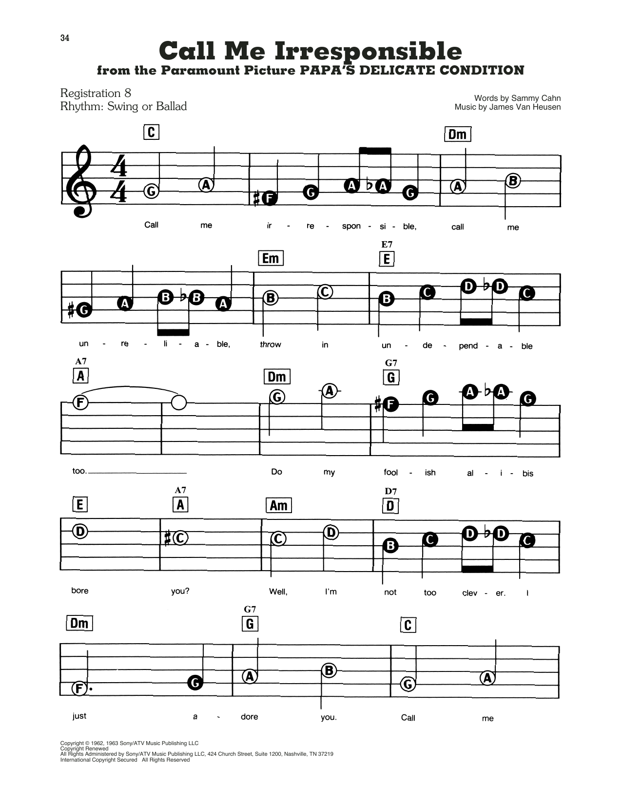 Learn to play Frank Sinatra Call Me Irresponsible sheet music for E-Z Play Today in minutes. Frank Sinatra Call Me Irresponsible sheet music preview music notes and score for E-Z Play Today including 2 page(s)