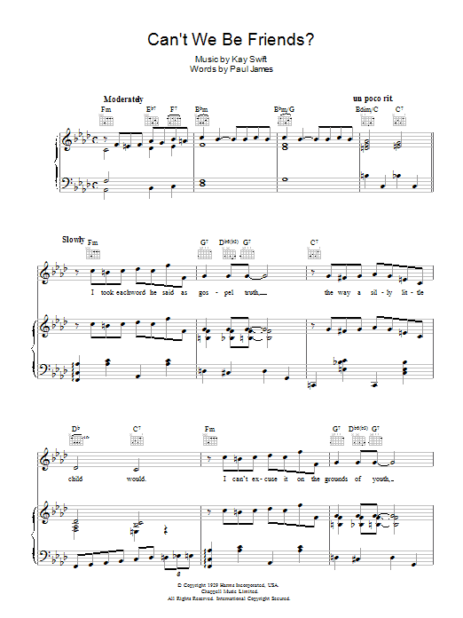 Learn to play Frank Sinatra Can't We Be Friends sheet music for Piano, Vocal & Guitar (Right-Hand Melody) in minutes. Frank Sinatra Can't We Be Friends sheet music preview music notes and score for Piano, Vocal & Guitar (Right-Hand Melody) including 5 page(s)