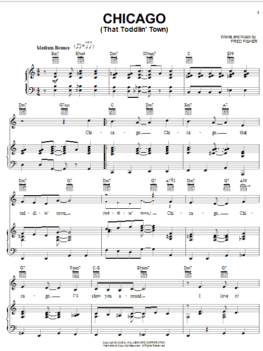 Learn to play Frank Sinatra Chicago (That Toddlin' Town) sheet music for Piano, Vocal & Guitar (Right-Hand Melody) in minutes. Frank Sinatra Chicago (That Toddlin' Town) sheet music notes and chords