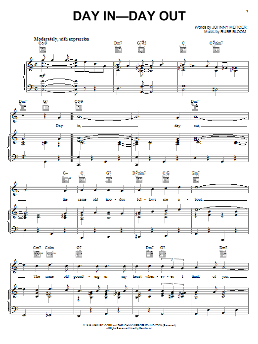 Learn to play Frank Sinatra Day In, Day Out sheet music for Piano, Vocal & Guitar (Right-Hand Melody) in minutes. Frank Sinatra Day In, Day Out sheet music preview music notes and score for Piano, Vocal & Guitar (Right-Hand Melody) including 4 page(s)