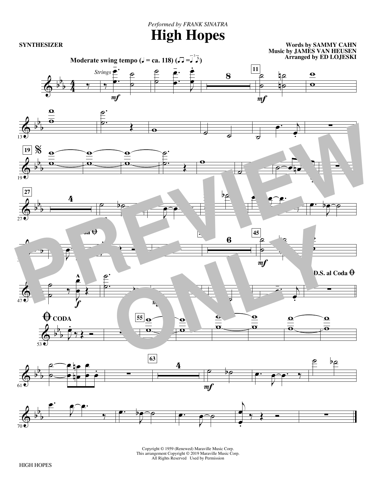 Learn to play Frank Sinatra High Hopes (arr. Ed Lojeski) - Synthesizer sheet music for Choir Instrumental Pak in minutes. Frank Sinatra High Hopes (arr. Ed Lojeski) - Synthesizer sheet music preview music notes and score for Choir Instrumental Pak including 1 page(s)
