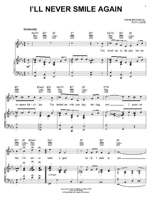 Learn to play Frank Sinatra I'll Never Smile Again sheet music for E-Z Play Today in minutes. Frank Sinatra I'll Never Smile Again sheet music preview music notes and score for E-Z Play Today including 2 page(s)