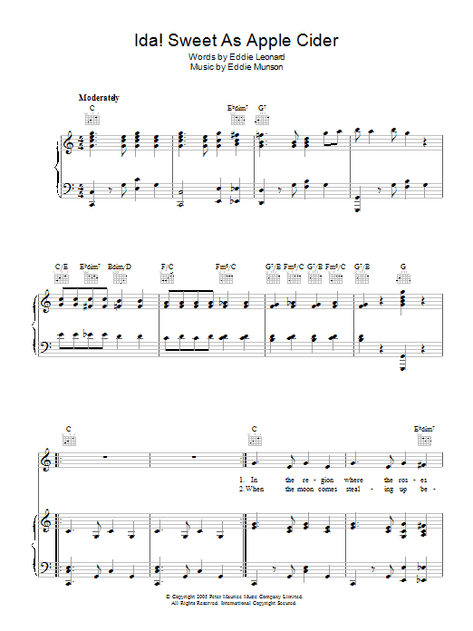 Learn to play Frank Sinatra Ida! Sweet As Apple Cider sheet music for Piano, Vocal & Guitar (Right-Hand Melody) in minutes. Frank Sinatra Ida! Sweet As Apple Cider sheet music preview music notes and score for Piano, Vocal & Guitar (Right-Hand Melody) including 6 page(s)