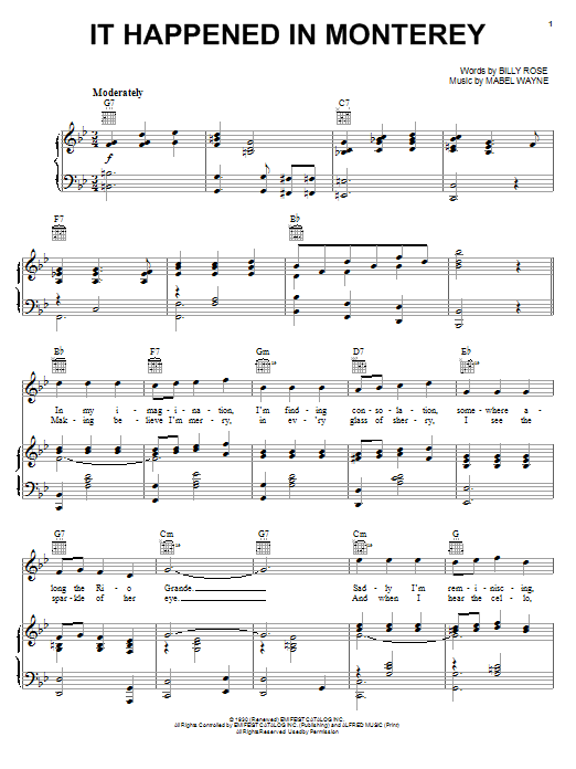 Learn to play Frank Sinatra It Happened In Monterey sheet music for Piano, Vocal & Guitar (Right-Hand Melody) in minutes. Frank Sinatra It Happened In Monterey sheet music preview music notes and score for Piano, Vocal & Guitar (Right-Hand Melody) including 3 page(s)