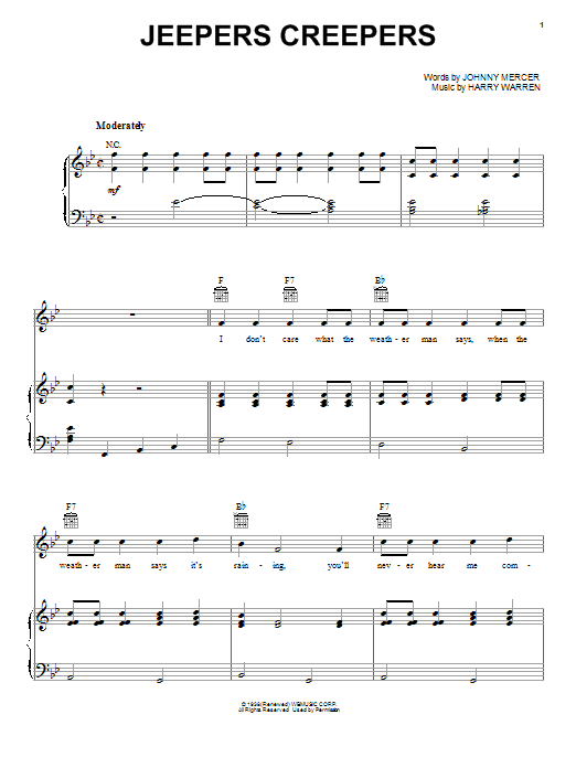 Learn to play Frank Sinatra Jeepers Creepers sheet music for Piano, Vocal & Guitar (Right-Hand Melody) in minutes. Frank Sinatra Jeepers Creepers sheet music preview music notes and score for Piano, Vocal & Guitar (Right-Hand Melody) including 4 page(s)