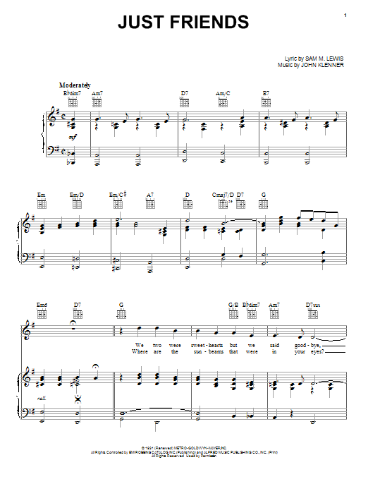 Learn to play Frank Sinatra Just Friends sheet music for Piano, Vocal & Guitar (Right-Hand Melody) in minutes. Frank Sinatra Just Friends sheet music preview music notes and score for Piano, Vocal & Guitar (Right-Hand Melody) including 5 page(s)