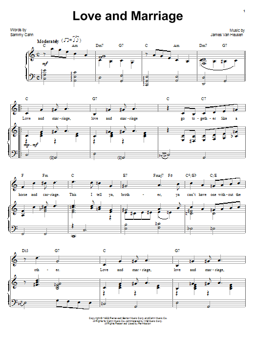 Learn to play Frank Sinatra Love And Marriage sheet music for Piano, Vocal & Guitar (Right-Hand Melody) in minutes. Frank Sinatra Love And Marriage sheet music preview music notes and score for Piano, Vocal & Guitar (Right-Hand Melody) including 4 page(s)