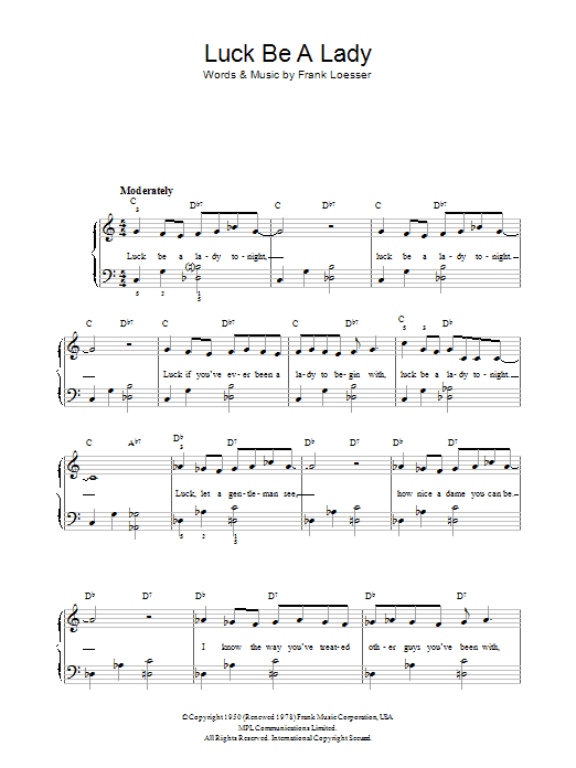 Frank Sinatra Luck Be A Lady sheet music preview music notes and score for Piano, Vocal & Guitar (Right-Hand Melody) including 9 page(s)