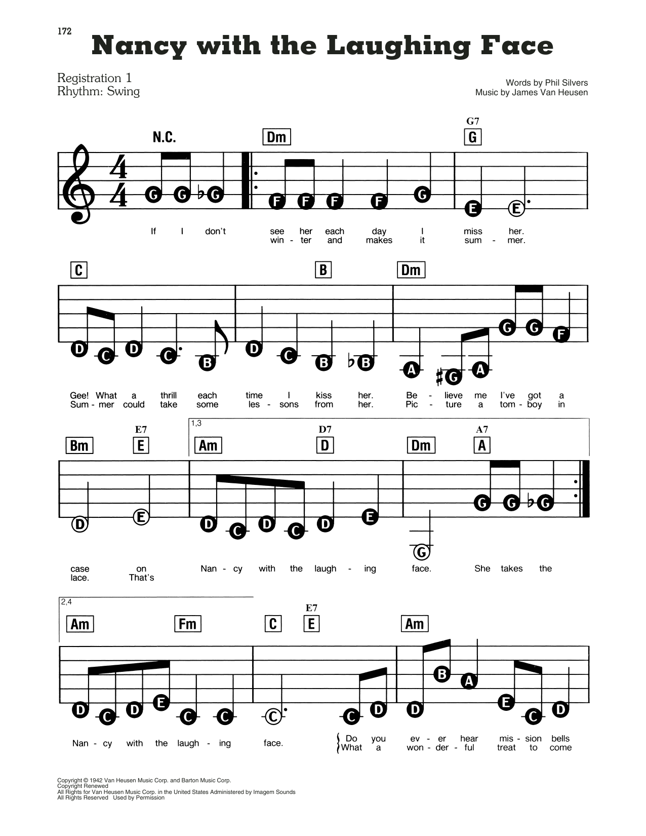 Learn to play Frank Sinatra Nancy With The Laughing Face sheet music for E-Z Play Today in minutes. Frank Sinatra Nancy With The Laughing Face sheet music preview music notes and score for E-Z Play Today including 2 page(s)