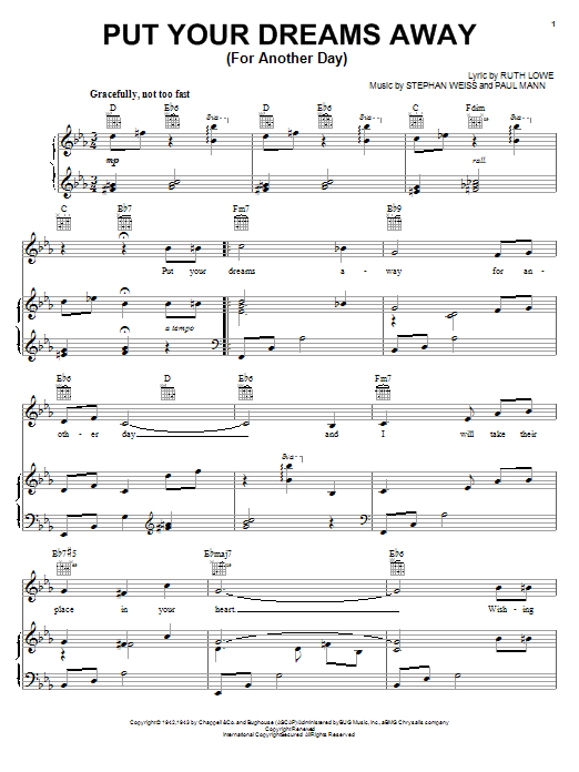 Learn to play Frank Sinatra Put Your Dreams Away (For Another Day) sheet music for E-Z Play Today in minutes. Frank Sinatra Put Your Dreams Away (For Another Day) sheet music preview music notes and score for E-Z Play Today including 2 page(s)