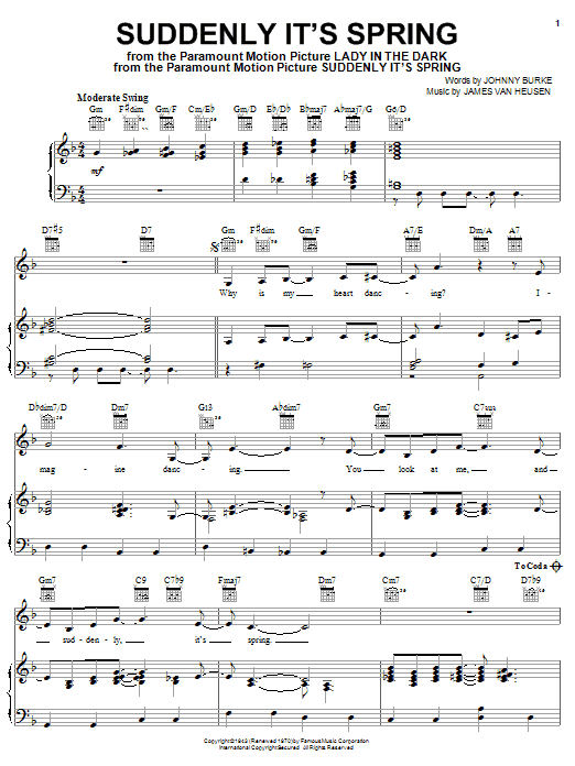 Learn to play Frank Sinatra Suddenly It's Spring sheet music for Piano, Vocal & Guitar (Right-Hand Melody) in minutes. Frank Sinatra Suddenly It's Spring sheet music preview music notes and score for Piano, Vocal & Guitar (Right-Hand Melody) including 4 page(s)
