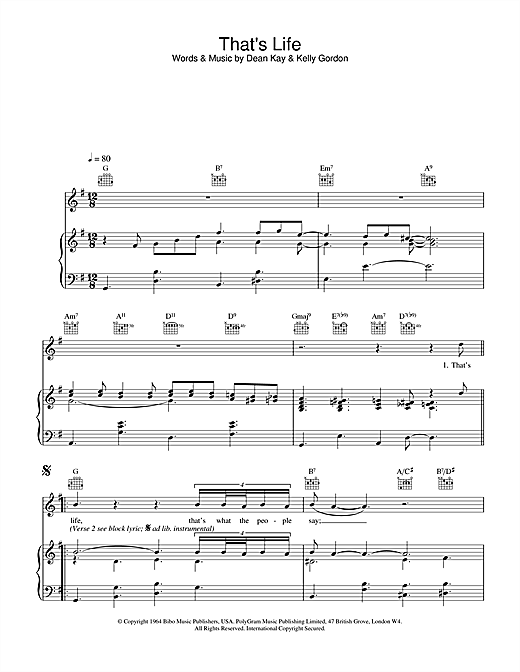 Learn to play Frank Sinatra That's Life sheet music for Piano, Vocal & Guitar (Right-Hand Melody) in minutes. Frank Sinatra That's Life sheet music notes and chords