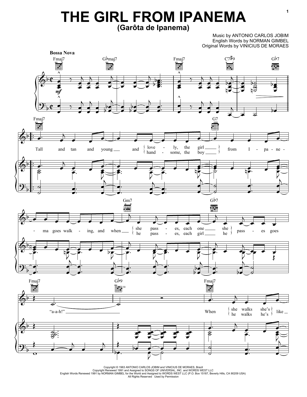 Learn to play Frank Sinatra The Girl From Ipanema (Garota De Ipanema) sheet music for Piano, Vocal & Guitar (Right-Hand Melody) in minutes. Frank Sinatra The Girl From Ipanema (Garota De Ipanema) sheet music preview music notes and score for Piano, Vocal & Guitar (Right-Hand Melody) including 4 page(s)