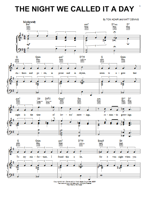 Learn to play Frank Sinatra The Night We Called It A Day sheet music for Piano & Vocal in minutes. Frank Sinatra The Night We Called It A Day sheet music preview music notes and score for Piano & Vocal including 5 page(s)