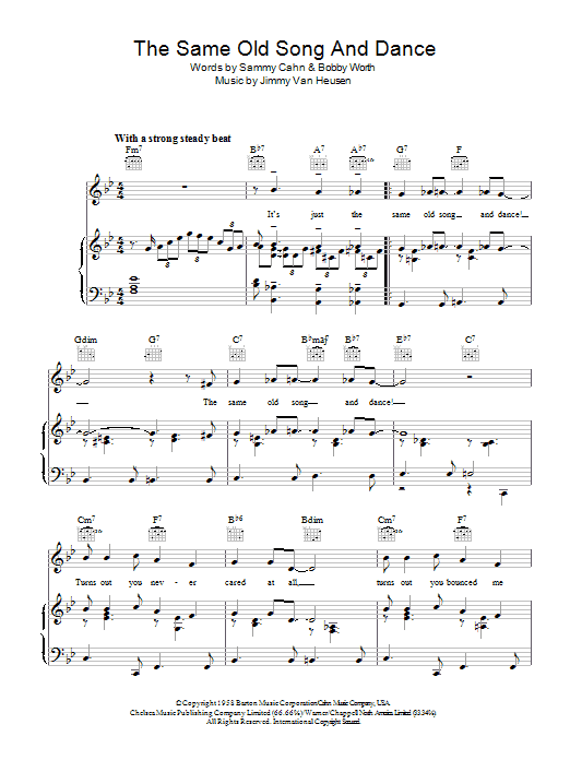 Learn to play Frank Sinatra The Same Old Song And Dance sheet music for Piano, Vocal & Guitar (Right-Hand Melody) in minutes. Frank Sinatra The Same Old Song And Dance sheet music preview music notes and score for Piano, Vocal & Guitar (Right-Hand Melody) including 5 page(s)