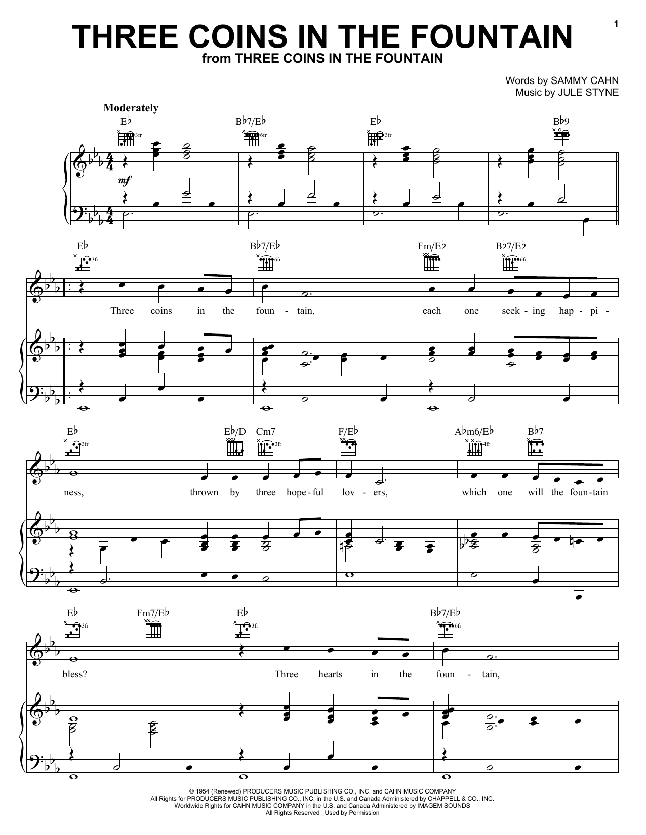 Learn to play Frank Sinatra Three Coins In The Fountain sheet music for Piano, Vocal & Guitar (Right-Hand Melody) in minutes. Frank Sinatra Three Coins In The Fountain sheet music notes and chords