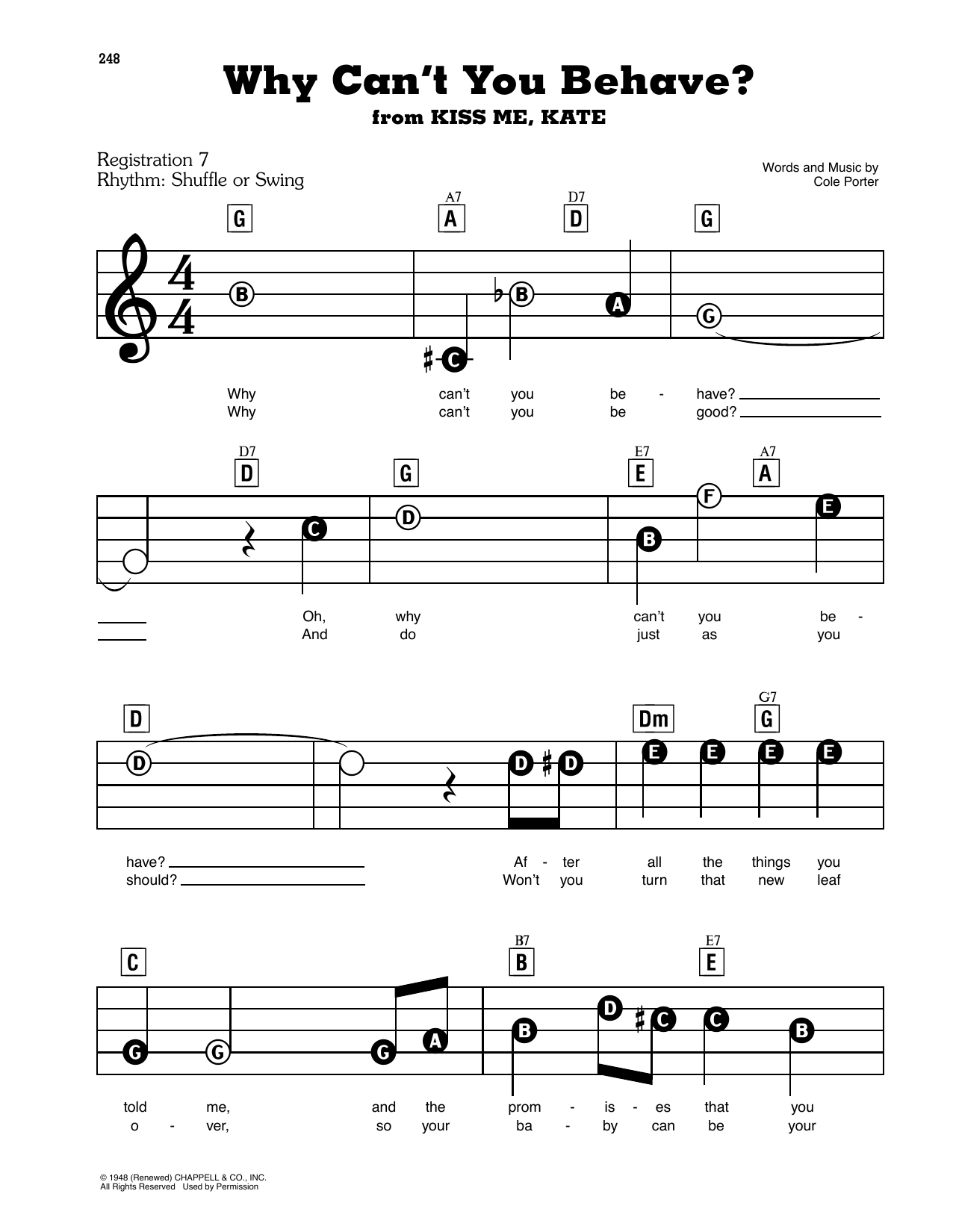 Learn to play Frank Sinatra Why Can't You Behave? sheet music for E-Z Play Today in minutes. Frank Sinatra Why Can't You Behave? sheet music preview music notes and score for E-Z Play Today including 3 page(s)