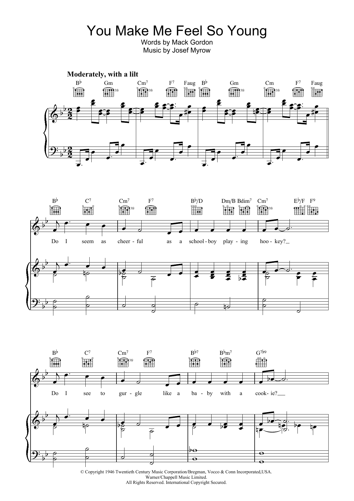 Learn to play Frank Sinatra You Make Me Feel So Young sheet music for Piano, Vocal & Guitar (Right-Hand Melody) in minutes. Frank Sinatra You Make Me Feel So Young sheet music preview music notes and score for Piano, Vocal & Guitar (Right-Hand Melody) including 6 page(s)