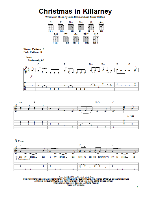 Learn to play Frank Weldon Christmas In Killarney sheet music for Easy Guitar Tab in minutes. Frank Weldon Christmas In Killarney sheet music preview music notes and score for Easy Guitar Tab including 4 page(s)