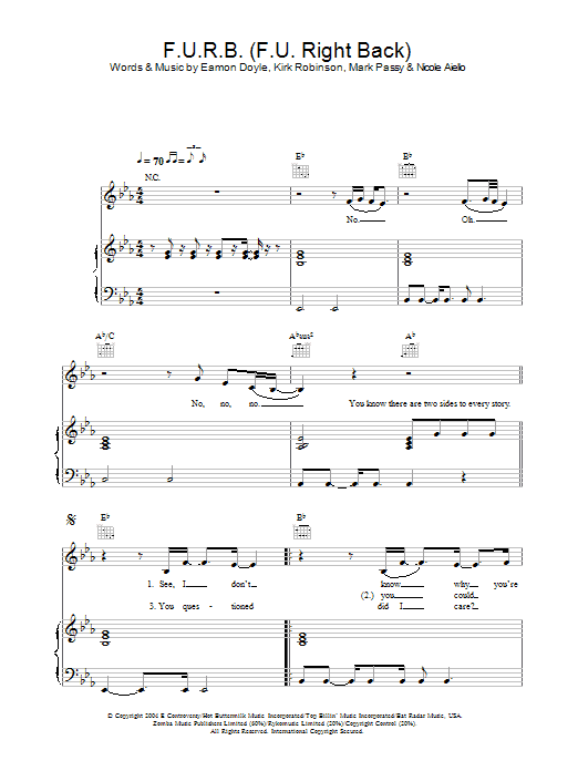 Learn to play Frankee F.U.R.B. (F.U. Right Back) sheet music for Piano, Vocal & Guitar in minutes. Frankee F.U.R.B. (F.U. Right Back) sheet music preview music notes and score for Piano, Vocal & Guitar including 5 page(s)