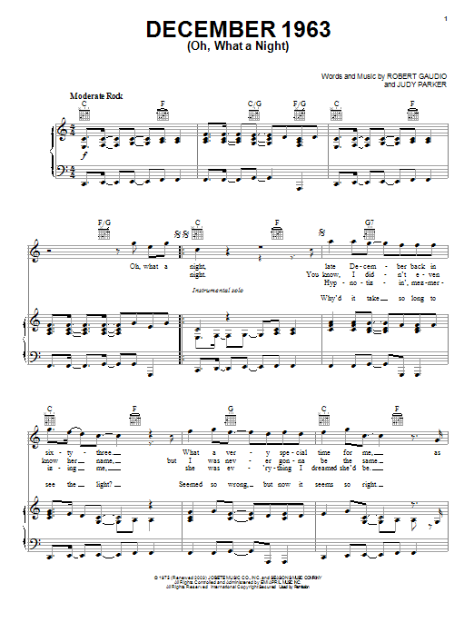 Frankie Valli & The Four Seasons December 1963 (Oh, What A Night) sheet music, chords, lyrics - Printable PDF for Piano & Vocal