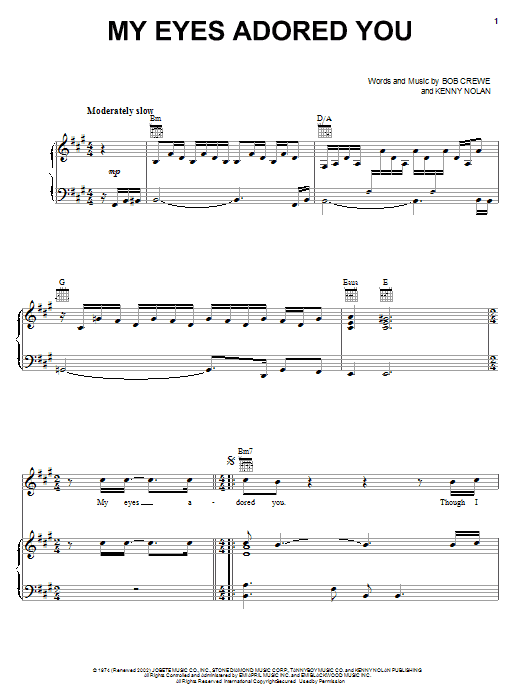 Frankie Valli & The Four Seasons My Eyes Adored You sheet music, chords, lyrics - Printable PDF for Piano, Vocal & Guitar (Right-Hand Melody)