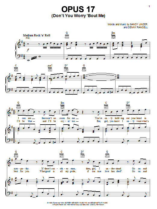 Frankie Valli & The Four Seasons Opus 17 (Don't Worry 'Bout Me) sheet music, chords, lyrics - Printable PDF for Piano, Vocal & Guitar (Right-Hand Melody)