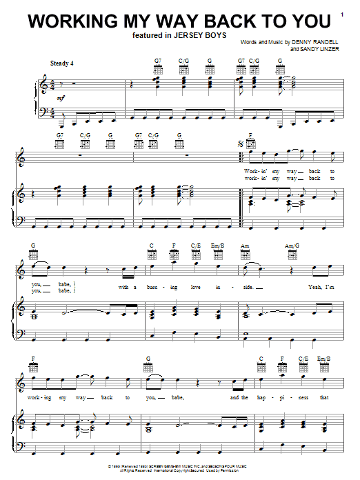 Frankie Valli & The Four Seasons Working My Way Back To You sheet music, chords, lyrics - Printable PDF for Piano, Vocal & Guitar (Right-Hand Melody)