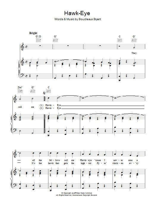Learn to play Frankie Laine Hawk-Eye sheet music for Piano, Vocal & Guitar (Right-Hand Melody) in minutes. Frankie Laine Hawk-Eye sheet music preview music notes and score for Piano, Vocal & Guitar (Right-Hand Melody) including 5 page(s)