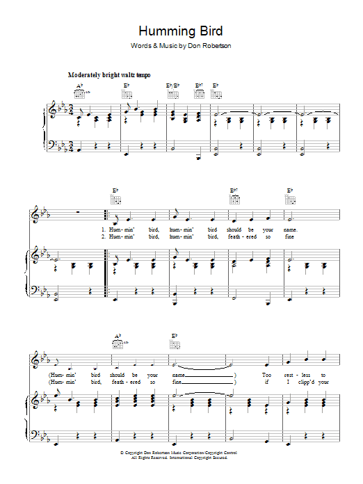 Learn to play Frankie Laine Humming Bird sheet music for Piano, Vocal & Guitar (Right-Hand Melody) in minutes. Frankie Laine Humming Bird sheet music preview music notes and score for Piano, Vocal & Guitar (Right-Hand Melody) including 5 page(s)