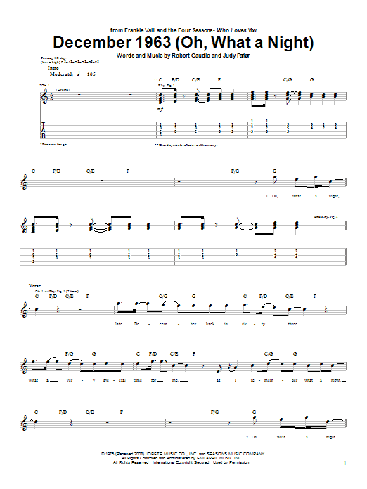 Learn to play Frankie Valli & The Four Seasons December 1963 (Oh, What A Night) sheet music for Guitar Tab in minutes. Frankie Valli & The Four Seasons December 1963 (Oh, What A Night) sheet music preview music notes and score for Guitar Tab including 5 page(s)