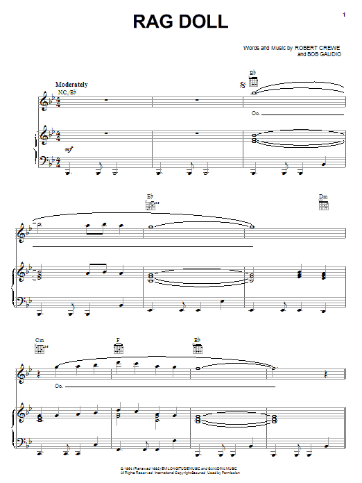 Learn to play Frankie Valli & The Four Seasons Rag Doll sheet music for Piano, Vocal & Guitar (Right-Hand Melody) in minutes. Frankie Valli & The Four Seasons Rag Doll sheet music preview music notes and score for Piano, Vocal & Guitar (Right-Hand Melody) including 4 page(s)
