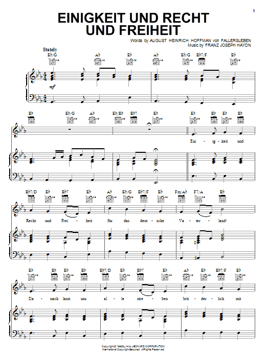 Download Franz Joseph Haydn Einigkeit Und Recht Und Freiheit (German National Anthem) sheet music notes and chords for Piano, Vocal & Guitar (Right-Hand Melody) - Download Printable PDF and start playing in minutes.